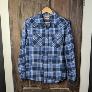 Wrangler Blue Plaid Western Flannel Pearl Snap Shirt | Men's Medium